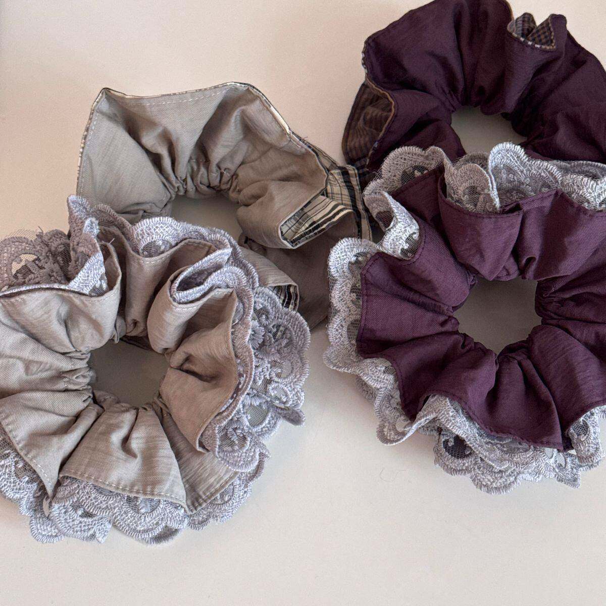 紫色蕾丝格纹大肠发圈四层锁边束腰发绳级感马尾头绳绑头花发饰