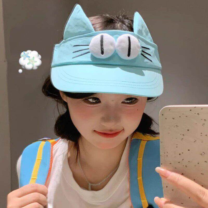 新款大眼睛猫空顶帽可爱卡通搞怪风夏日遮阳防晒大帽檐休闲鸭舌帽