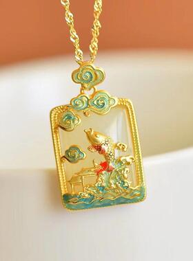 年新款鱼跃龙门和田玉项链女上岸锦鲤无事牌吊坠送母亲节礼物