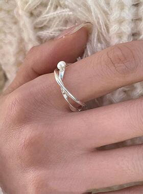 韩版小众设计交织线条环珍珠戒指女冷淡风时尚简约百搭款指环简约