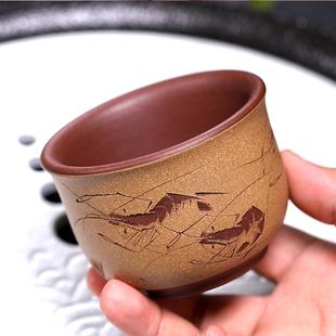 宜兴紫砂品茗杯纯手工主人单杯双色粉浆刻绘虾趣杯家用紫砂杯大号