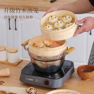 日式不锈钢蒸锅串串304锤纹三层钢料理煮面蒸汤竹木蒸笼多功能锅