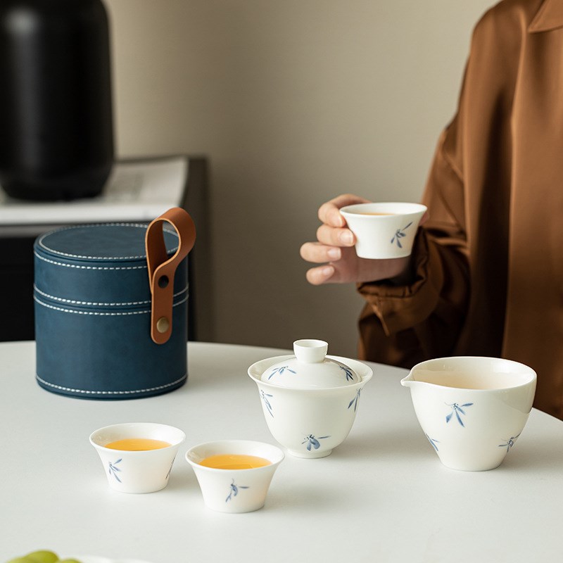 手绘蝴蝶兰快客杯一壶四杯陶瓷旅行茶具组车载户外露营便携泡茶器