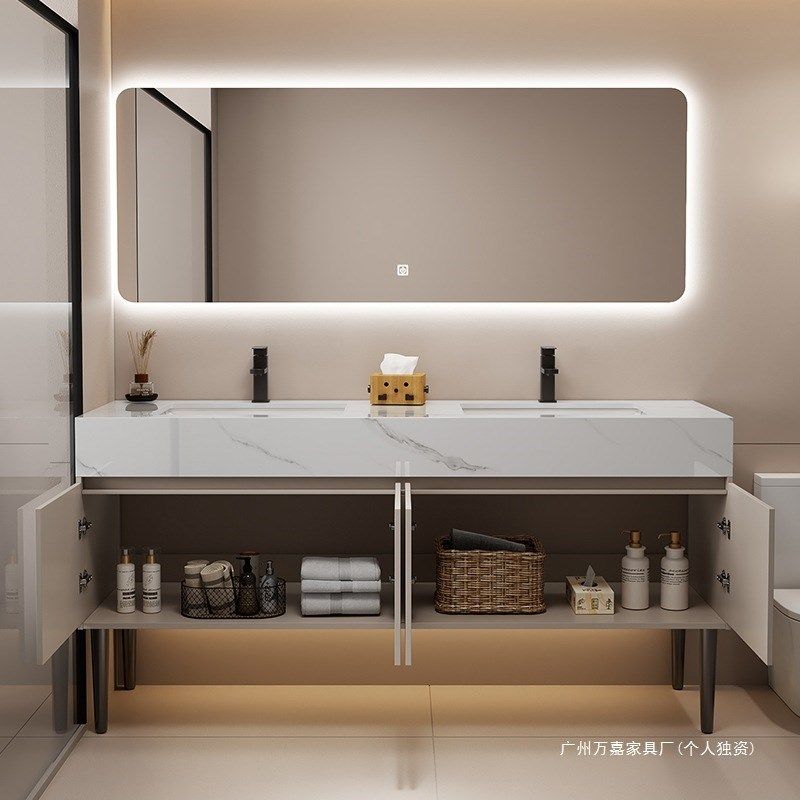 轻奢岩板双盆落地式浴室柜组合公共卫生间洗手洗脸洗漱台池盆柜