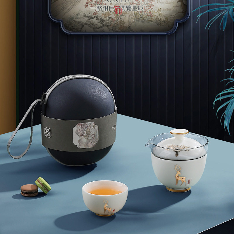 唐舍中式德化白i瓷旅行茶具套装高档快客杯一壶二杯玻璃壶便携包
