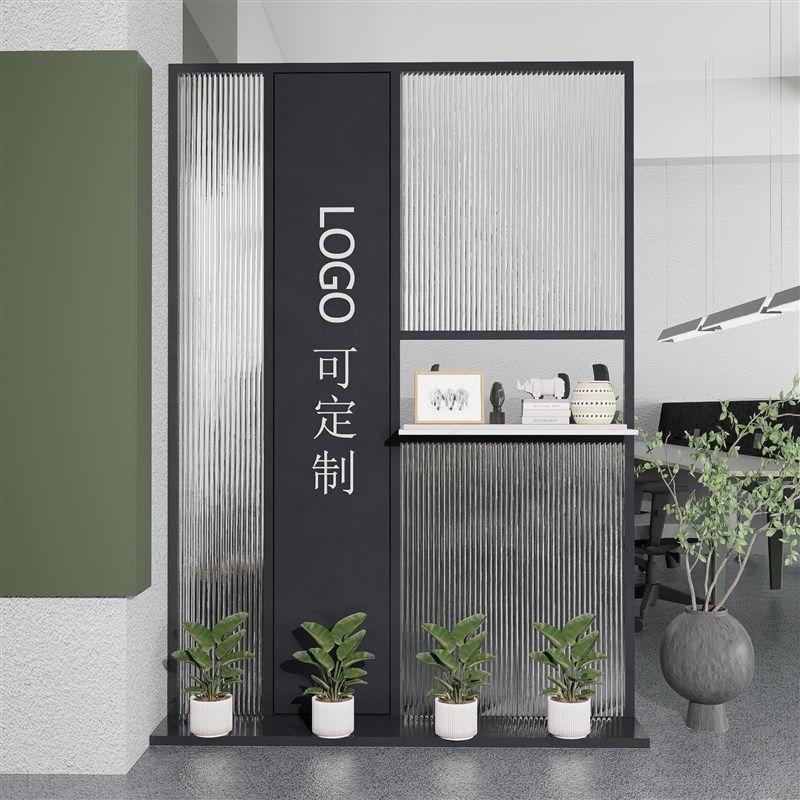 现代屏风铁艺办公室内p隔断挡板商用前台背景假墙玻璃客厅公司玄