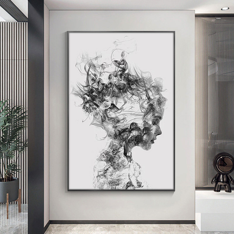 黑白灰风格抽象艺术m人物挂画发廊壁画网红理发店美发店墙面装饰