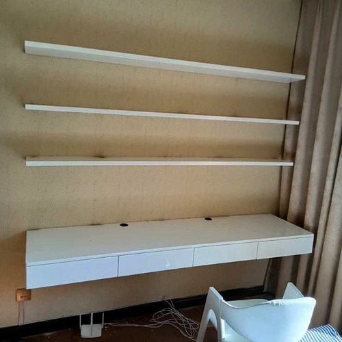 一字板书桌书架实木壁o空心墙挂墙书桌组合双人学习桌带抽屉写字