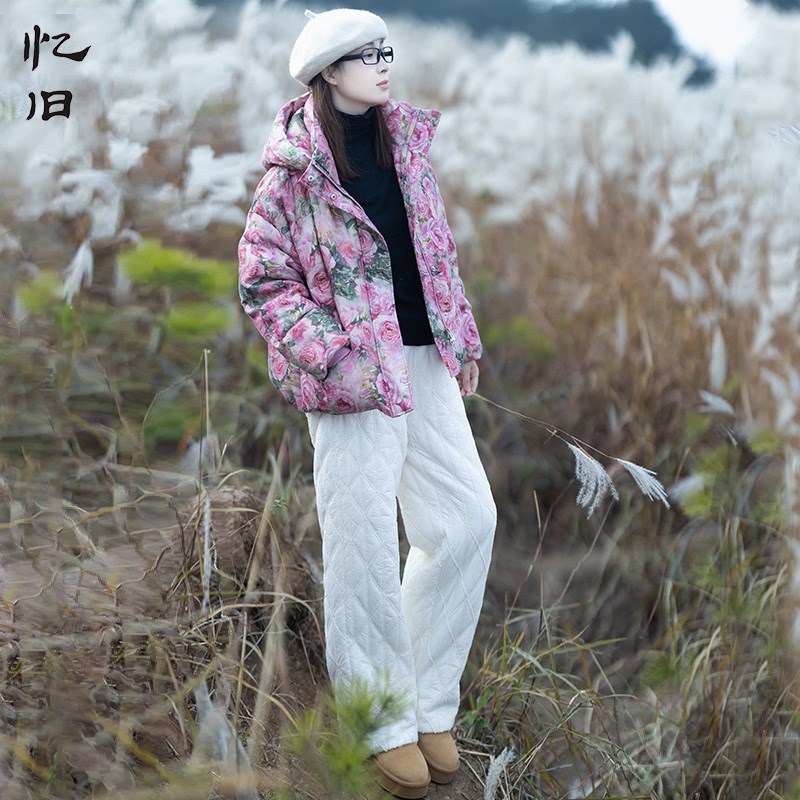 【闲看花开】文艺直筒绗棉加厚长裤女G款秋冬季菱形格百搭米白色