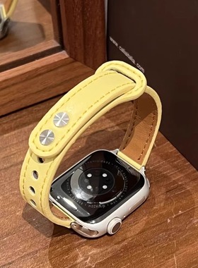 适用苹果手表iwatch10表带简约双钉皮质细款applewatch9876SE腕带