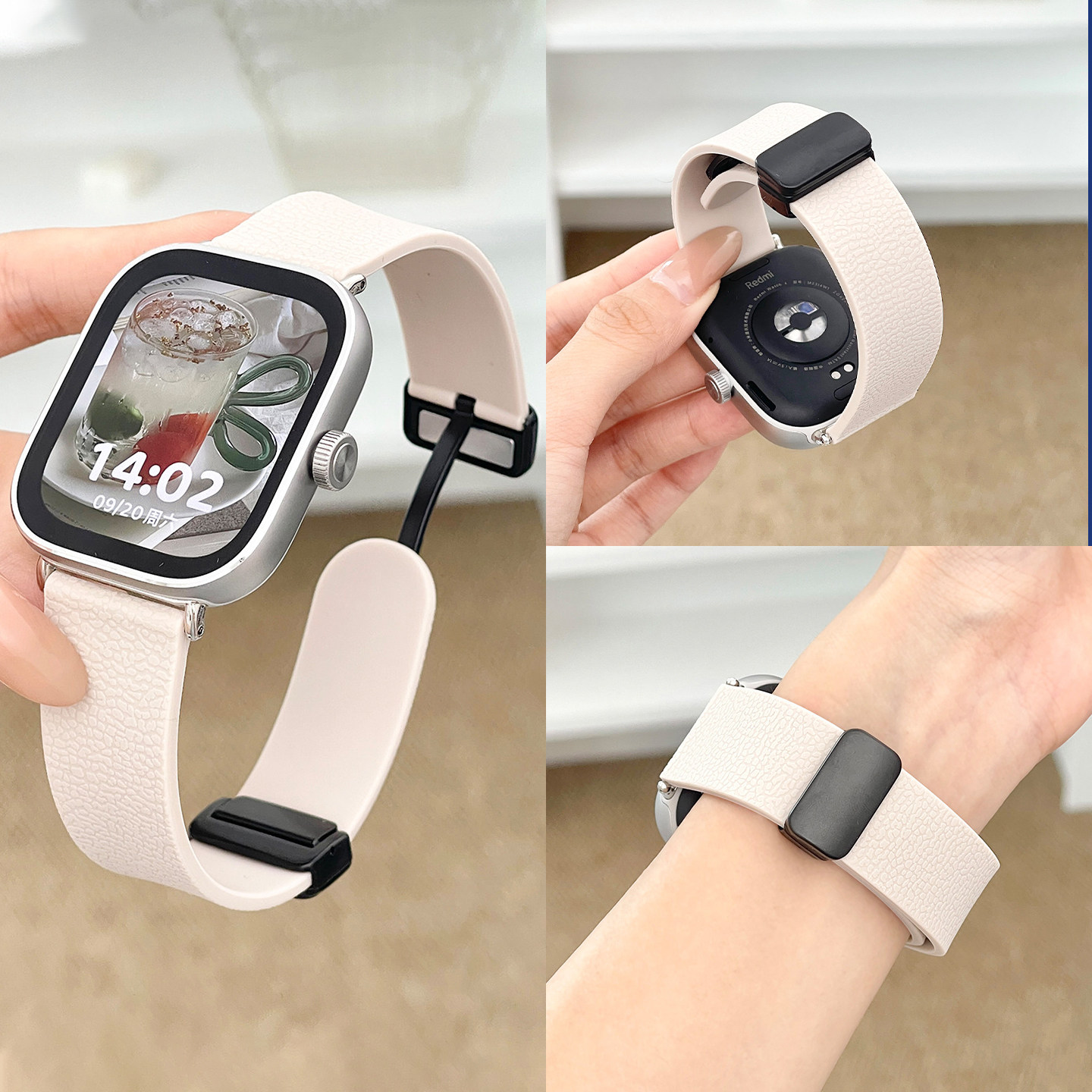 适用红米watch6/5/4表带荔枝纹硅胶磁吸扣小米手环9/8pro腕带男女