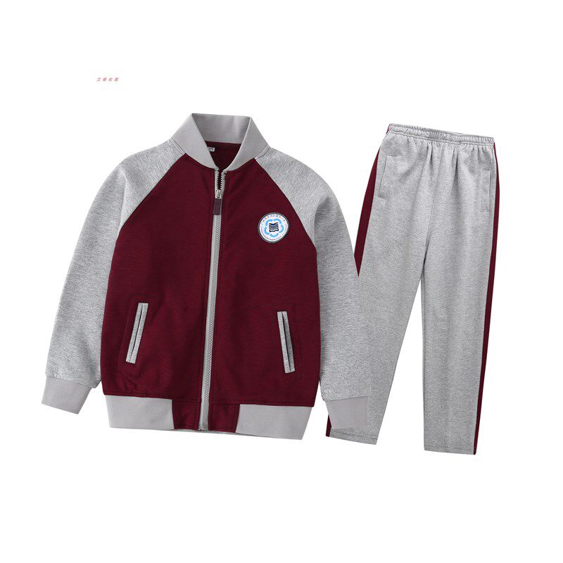 初高中学生枣g红间浅灰拉链校服棒球服套装校服订购 棠东小学款式