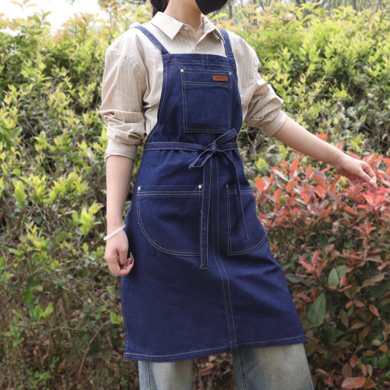全棉牛仔围裙定制双肩背带u高级感年轻款工作服甜品蛋糕店女式专