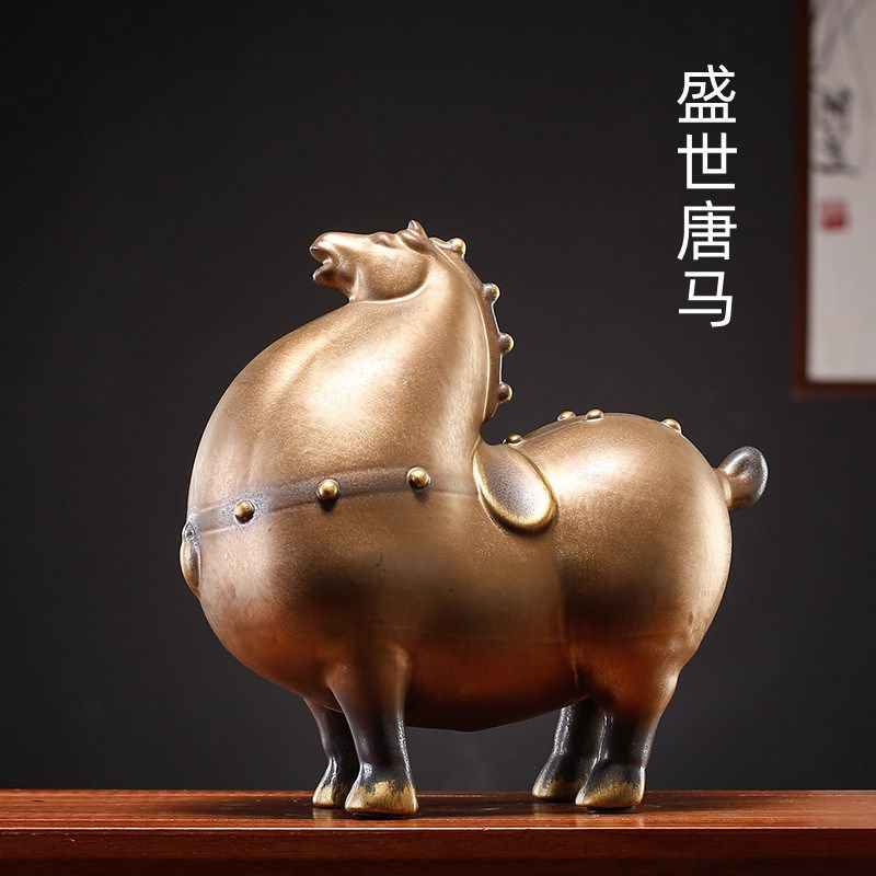 陶瓷彷古金色招财唐马摆件大胖马客厅办I公室装饰品马到成功生肖