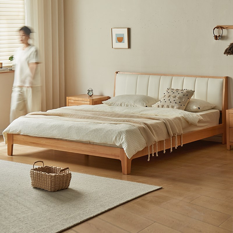 金多喜全实木床现代简约1.5米1.8米主卧进口榉木单双人真皮软包床