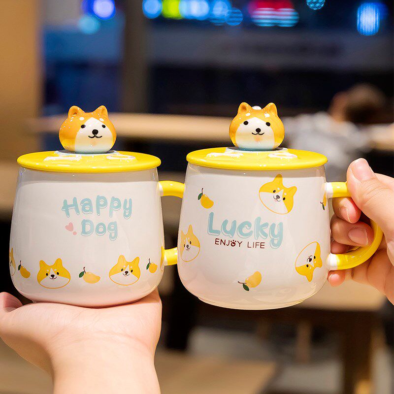 柴犬家用马杯小狗图案带盖勺小水杯女新款喝水儿童男孩陶瓷杯子