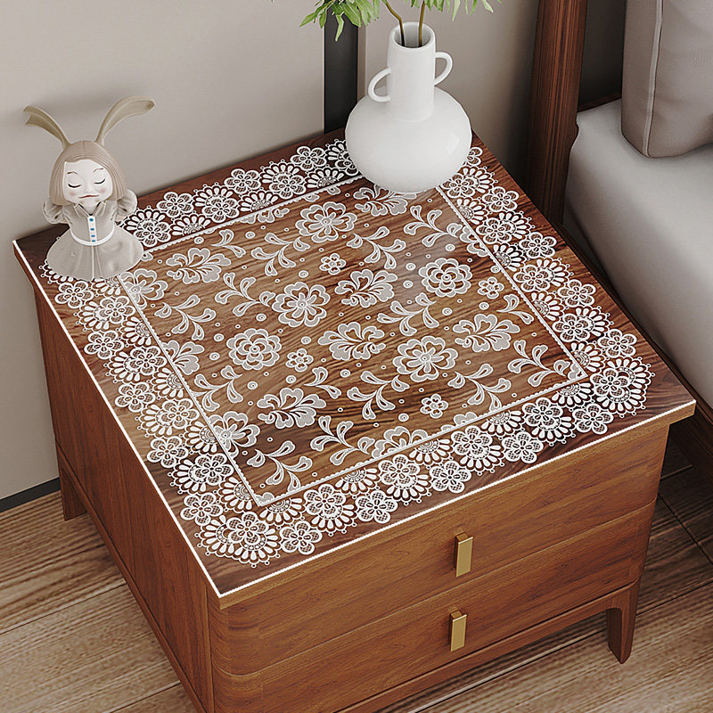 床头柜盖布pc软玻璃桌垫防水免洗防尘桌布 透明蕾丝桌面保护垫子