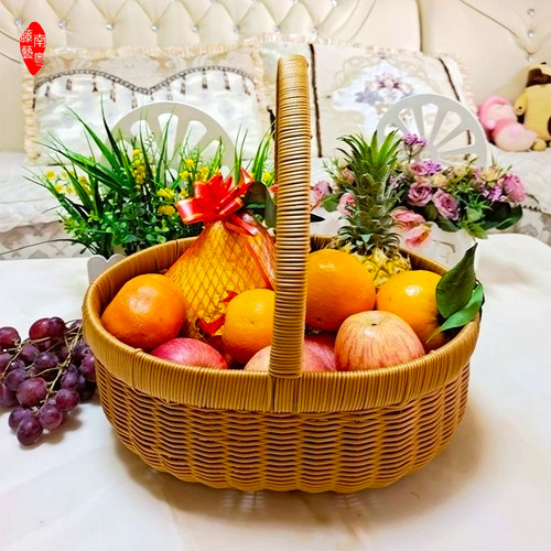藤艺手提野餐篮菜篮子采摘收纳篮购物篮鸡蛋篮仿藤编织水果筐田园