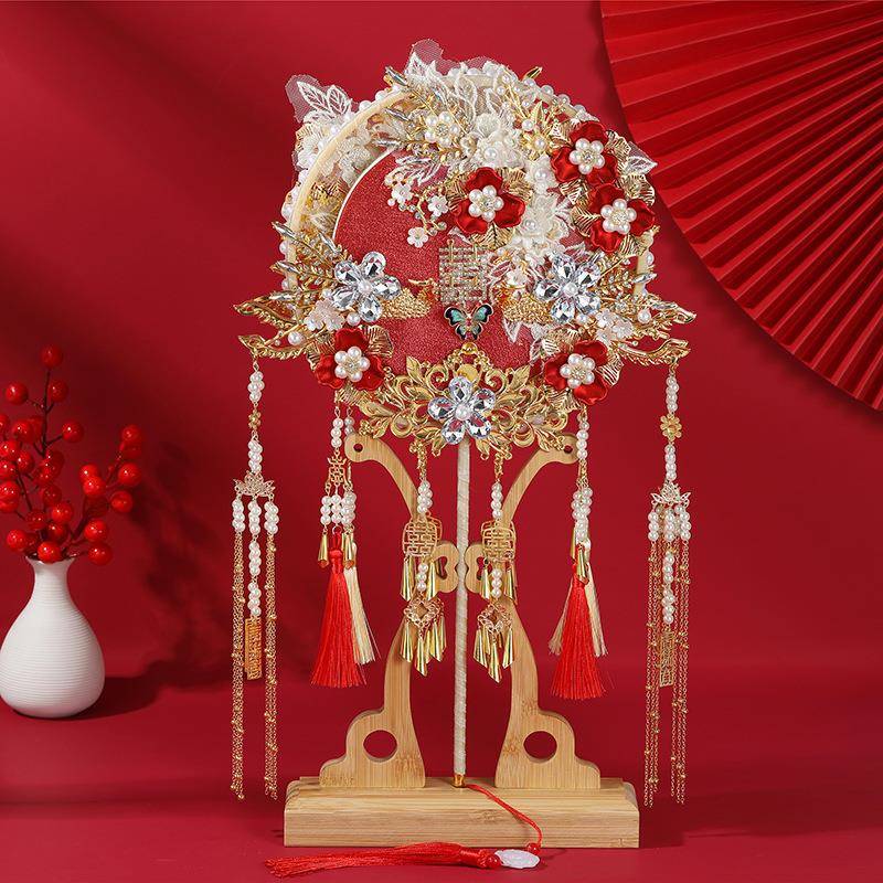 新款中式新娘手捧扇结婚古风长柄团扇婚礼汉服头饰成品手工手捧花