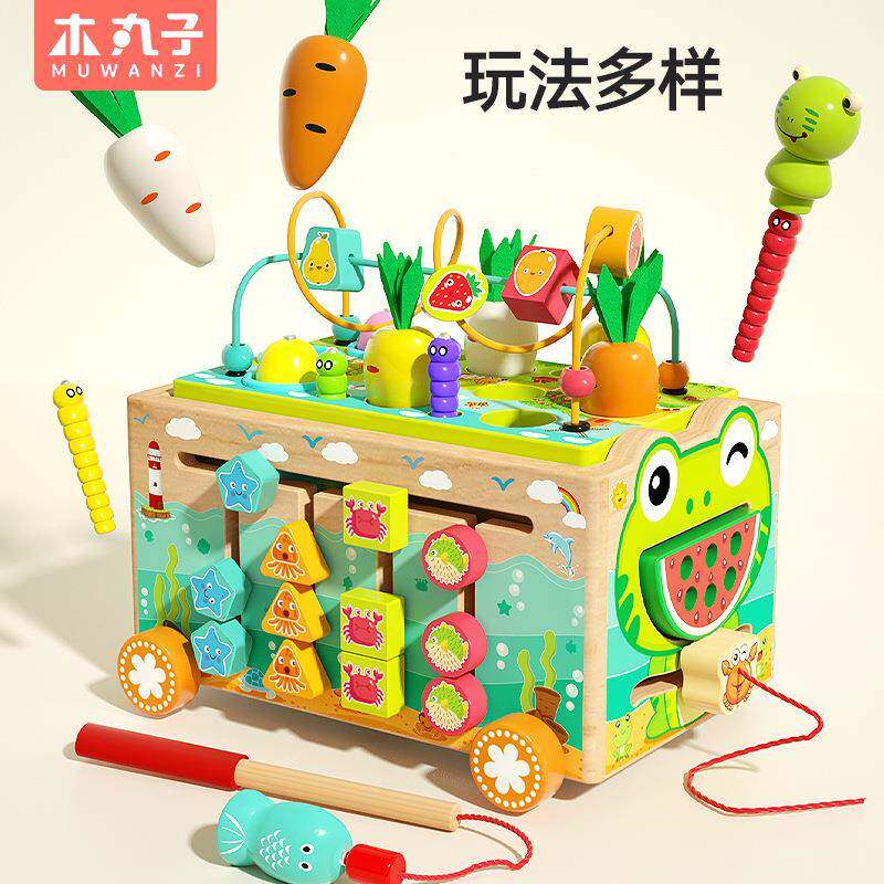 儿童木质玩具打地鼠敲琴绕珠多功能合一青蛙拖拉益智车趣味敲击