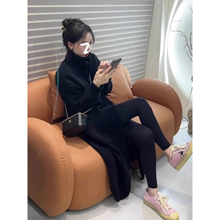 复古立领单排扣针织开衫女2025秋冬韩版中长款宽松过膝毛衣外套厚