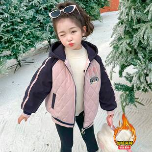 女童冬季加绒外套儿童深秋装洋气时髦兔子警官棉服棒球服连帽上衣