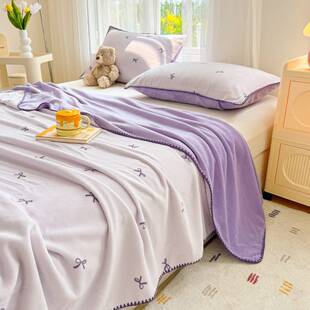 淡紫色蝴蝶结牛奶绒毛毯公主风针织包边双面绒毯子小清新沙发盖毯