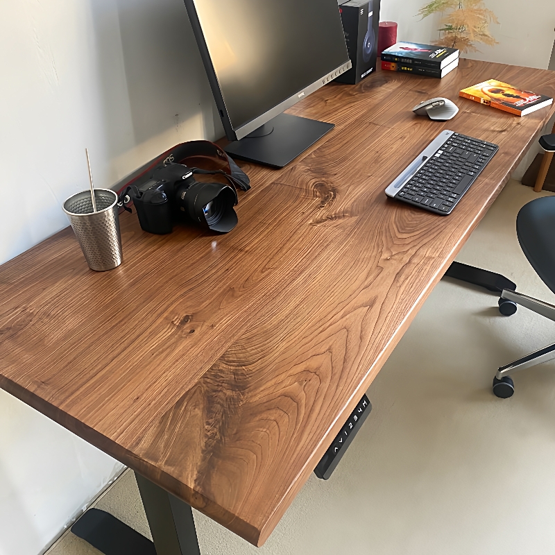 8V实木电动升降桌电脑桌实木桌子办公桌工作台原木黑胡桃