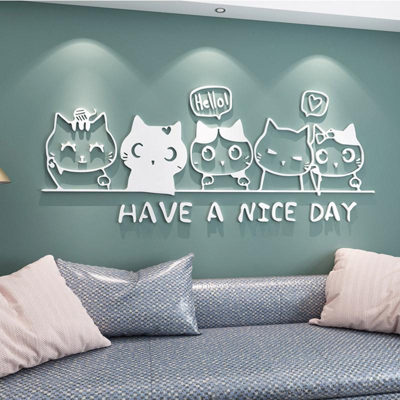 可爱猫咪卡通贴纸自粘儿童房卧室床头装饰贴画客厅电视背景墙贴画
