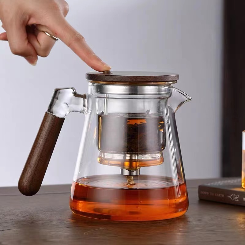 飘逸杯泡茶壶全玻璃内胆侧把胡桃木茶水分离过滤泡茶杯家用冲茶器