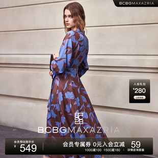 BCBG25早秋新款 流行设计感花卉印花花边褶皱立领系带女连衣裙 时尚