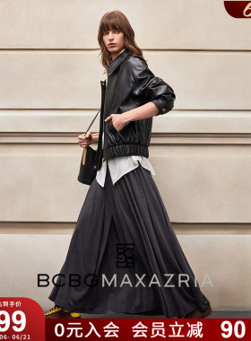 BCBG秋冬女装黑色环保皮革外套经典复古简约通勤飞行员夹克外套