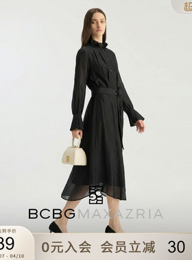BCBG秋女装精致时尚花边立领荷叶边长袖系带收腰连衣裙黑色长裙