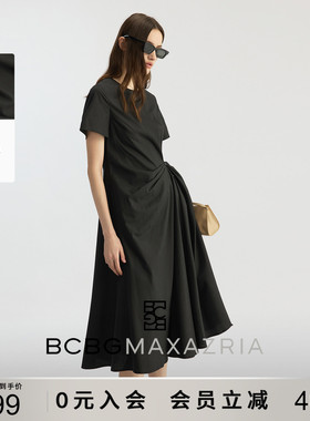 【莱赛尔棉混纺】BCBG2026春季新款褶饰收腰黑色连衣裙女中长款