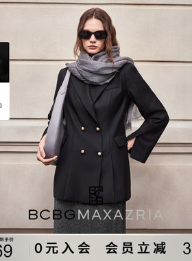 BCBG秋冬女装简约气质通勤时尚百搭前开衩戗驳领双排扣西装外套