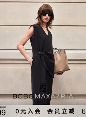 BCBG法式优雅气质赫本风垫肩不对称拼接收腰连衣裙女小黑裙夏款