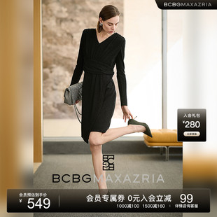 饰弹力V领长袖 气质碎褶装 女连衣裙 简约休闲时尚 BCBG25秋冬新款