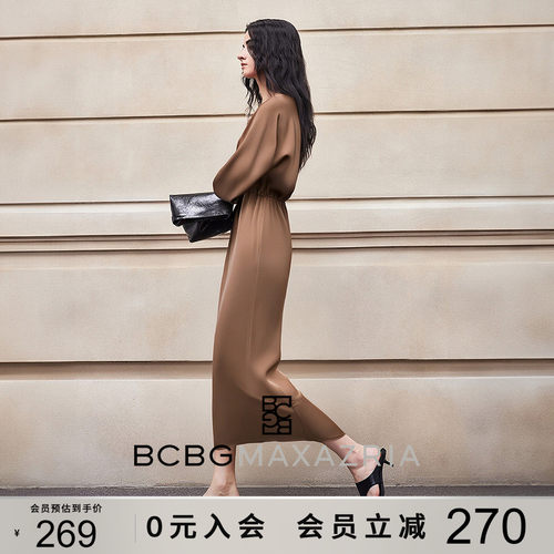 BCBG春秋万千裙装摩复古简约纳哥落日缎光垂感碎褶收腰连衣裙女