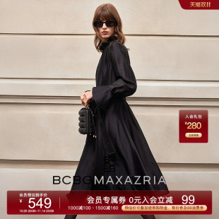系带女士长款 花边立领荷叶边长袖 连衣裙 精致时尚 BCBG25早秋新款