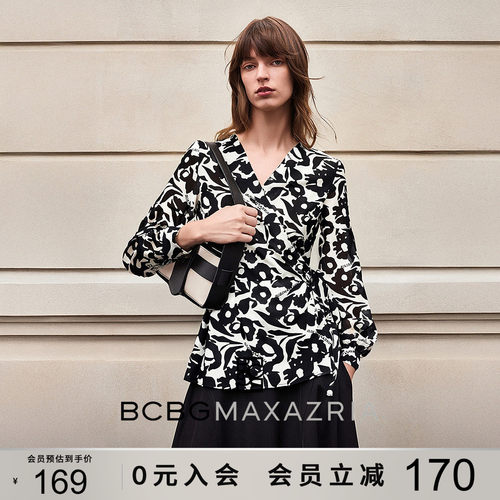 BCBG秋冬女装简约休闲百搭慵懒风气质优雅印花灯笼袖系带上衣衬衫