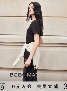 BCBG春夏都市通勤简约闪钻logo上衣黑白色正肩修身短袖T恤女上衣