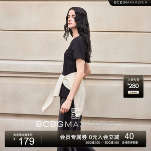 T恤女 BCBG 2025夏新品 都是简约闪钻logo上衣黑白色正肩修身 短袖