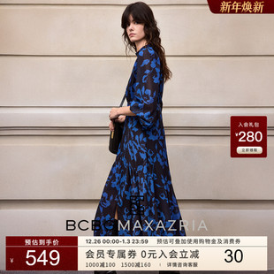 BCBG25早秋新款 高级设计感简约休闲花卉印花褶饰镂空V领女连衣裙