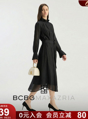 BCBG秋女装精致时尚花边立领荷叶边长袖系带收腰连衣裙黑色长裙