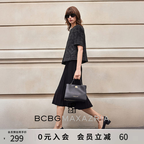 BCBG夏季简约通勤亮丝花呢百搭黑色箱型小香风圆领短袖女外套上衣