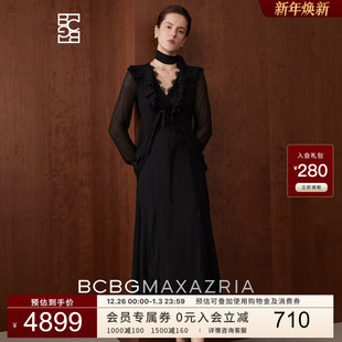 BCBG春秋优雅复古摩登潮 蕾丝拼接荷叶边小黑裙连衣裙