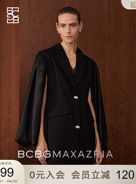 BCBG春秋乱麻肌理垂感拼接缎面灯笼袖个性西装领通勤风衣外套女
