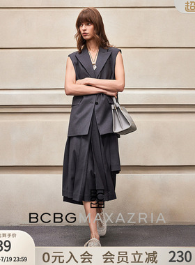 BCBG春秋设计感时尚百搭通勤廓形西装领智性灰无袖西服外套马甲
