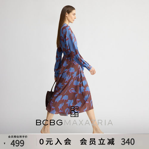 BCBG秋女装时尚流行气质花卉印花花边褶皱系带中长款连衣裙长裙