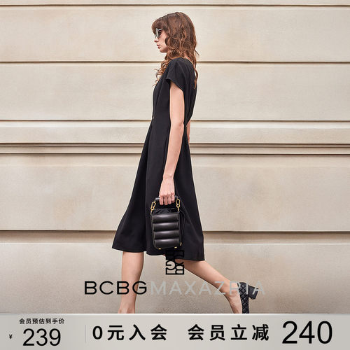 BCBG夏季万千裙装雅祺弹力纯色肌理感中长款收腰连衣裙小黑裙女